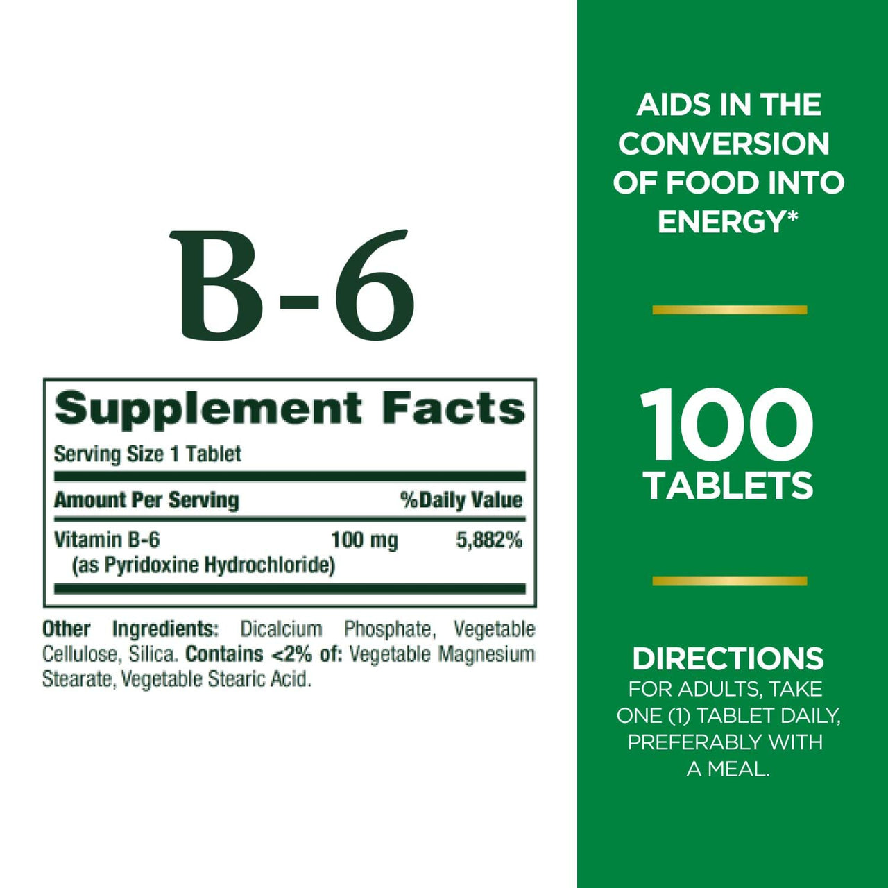 Nature's Bounty Vitamin B6 100mg Tablets - Supports Energy Metabolism & Nervous System Health, 100 Ct
