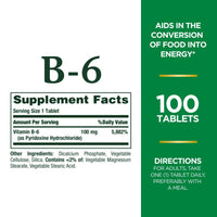 Thumbnail for Nature's Bounty Vitamin B6 100mg Tablets - Supports Energy Metabolism & Nervous System Health, 100 Ct
