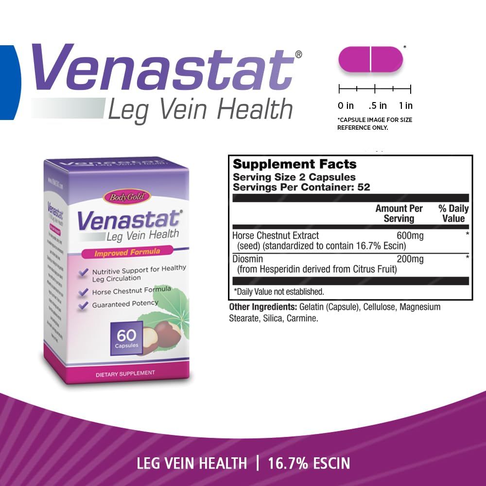Body Gold Venastat - Leg Vein Support Supplements, Horse Chestnut Supplements, Herbal Circulatory Support with Diosmin for Men & Women, Healthy Blood Flow & Circulation - 60 Veggie Capsules