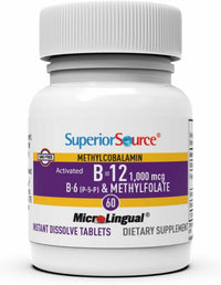 Thumbnail for Superior Source No Shot Vitamin B-12 Methylcobalamin 1000 mcg, B-6, & Methylfolate 1000 mcg - Supports Energy, Brain, and Heart Health - Bariatric Friendly - 60 Sublingual Dissolving Tablets