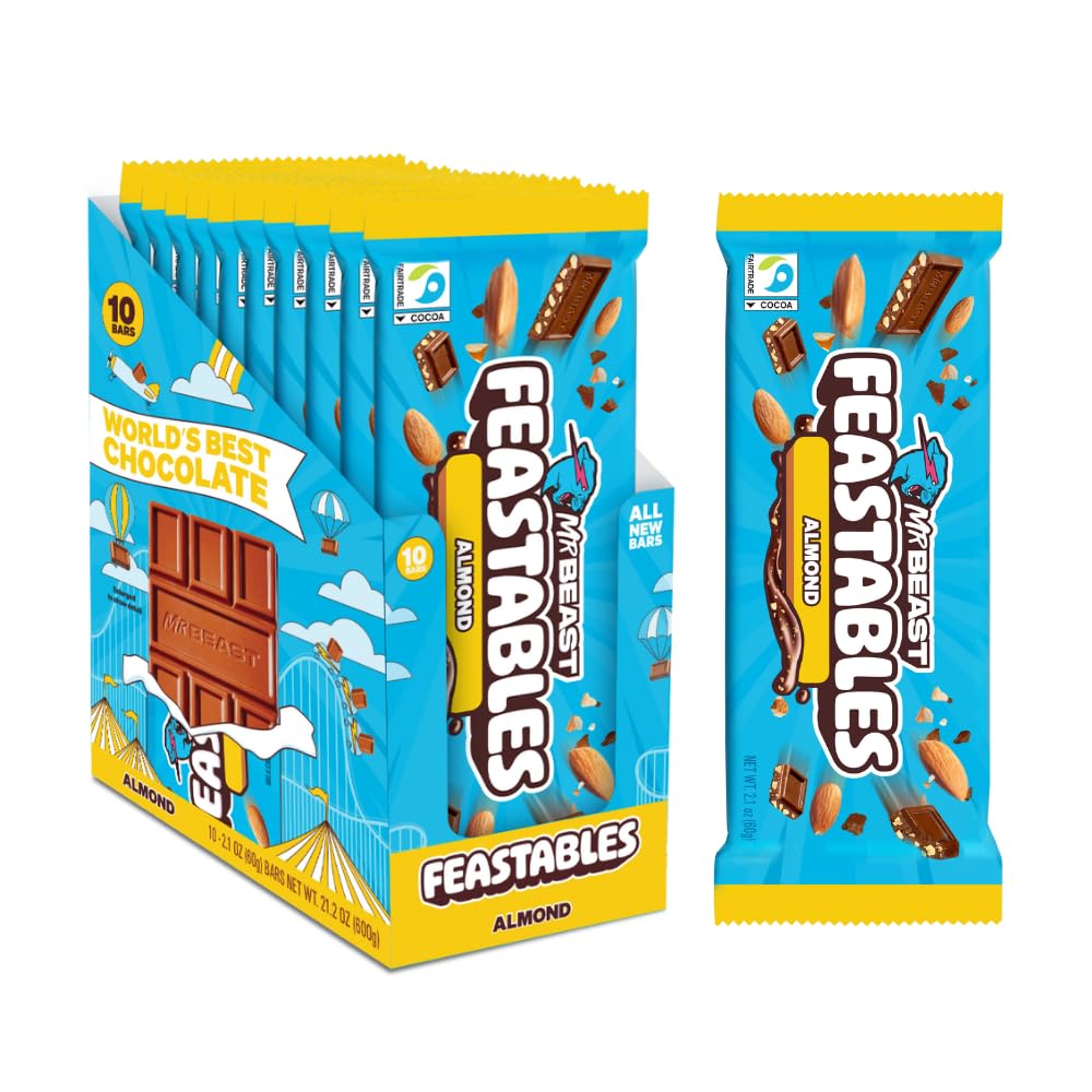 MrBeast Feastables Almond Milk Chocolate Bar, King Size, 10 Count, Roasted Almond Chocolate Candy, Fairtrade Cocoa, 2.1oz Each