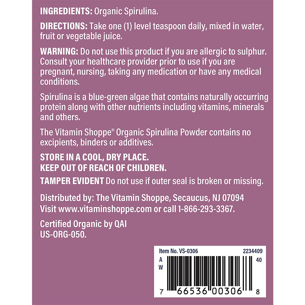 The Vitamin Shoppe Organic Spirulina Powder with Blue-Green Microalgae - Superfood (16 oz. / 137 Servings)