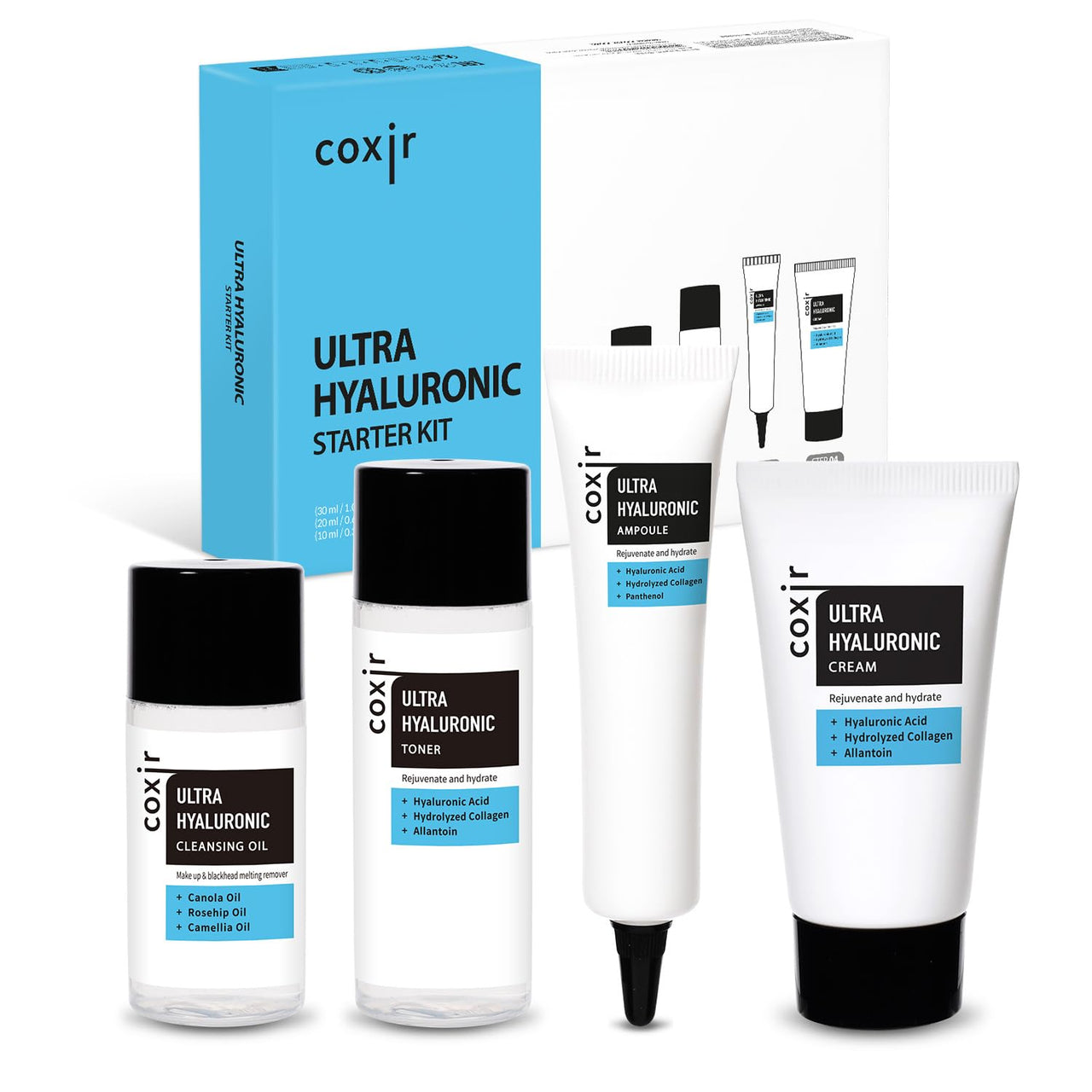coxir Ultra Hyaluronic Holiday Gift Set – Cleansing Oil + Toner + Ampoule + Cream |Mini Skincare Kit, Travel-Size Korean Skincare Set, Hydrating Routine