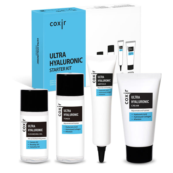 coxir Ultra Hyaluronic Holiday Gift Set – Cleansing Oil + Toner + Ampoule + Cream |Mini Skincare Kit, Travel-Size Korean Skincare Set, Hydrating Routine