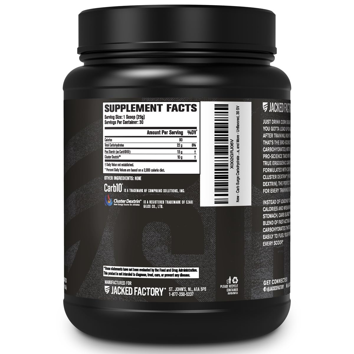 Jacked Factory Carb Surge - Premium Carbohydrate Powder with Carb10 Pea Starch & Cluster Dextrin for Fast-Acting Intra Workout Carbs & Increased Energy - 30 Servings, Unflavored