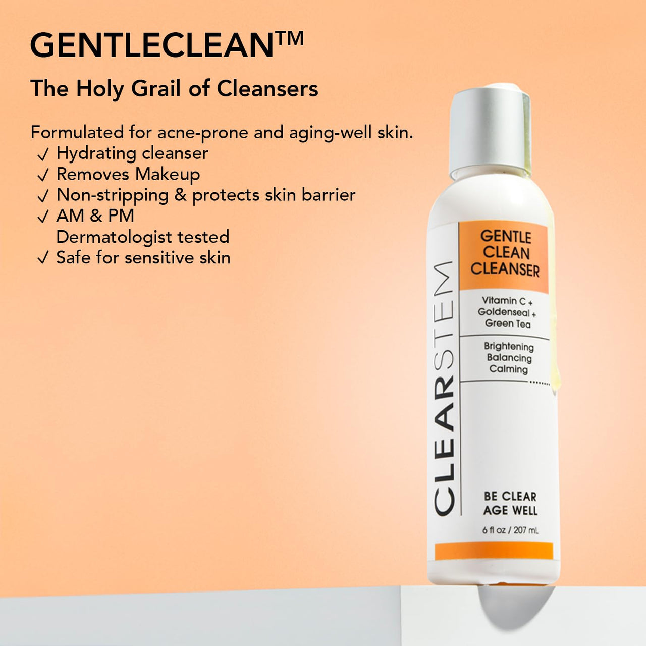 CLEARSTEM - GENTLECLEAN Vitamin C Infused Calming Wash - Facial Cleanser, Makeup Remover - Goldenseal + Green Tea - Facial Skin Care Products - Vegan, Gluten Free, Cruelty Free - 6 fl oz / 207ml