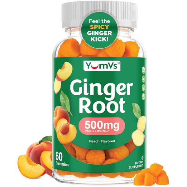 YUM-V'S YumVs Ginger Gummies, 500 mg Ginger Root Extract, Peach Flavor, Nausea Relief, Digestion & Immune Support, Vegan, Non-GMO, Gelatin-Free (60 Count)