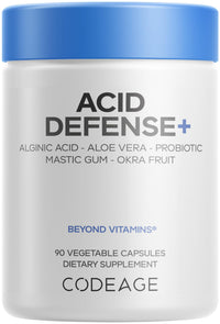 Thumbnail for Codeage Acid Defense+ Supplement - Marshmallow Root, DGL Licorice, Aloe Vera, Probiotics, Alginic Acid, Zinc-L-Carnosine, Mastic Gum, Okra Fruit - Digestion Support - Non-GMO - 90 Capsules