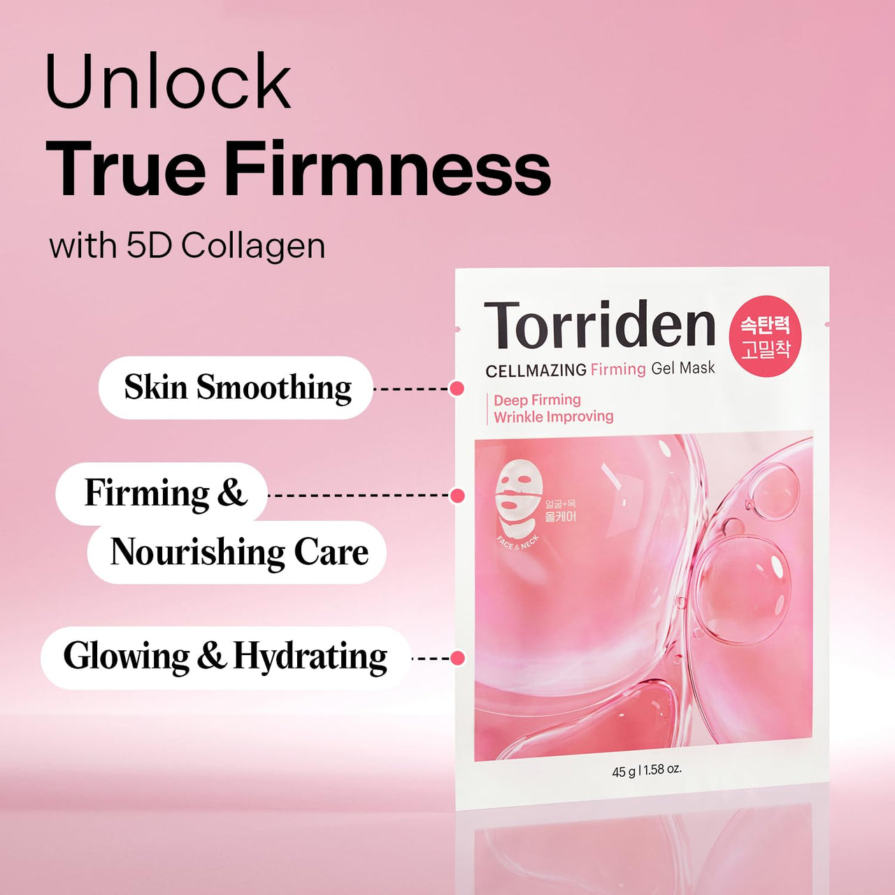 Torriden CELLMAZING Collagen Firming Gel Sheet Mask for Face & Neck (4 Pack) | Smoother, Firmer-Looking Skin with 5D Collagen Complex | Korean Skincare Mask