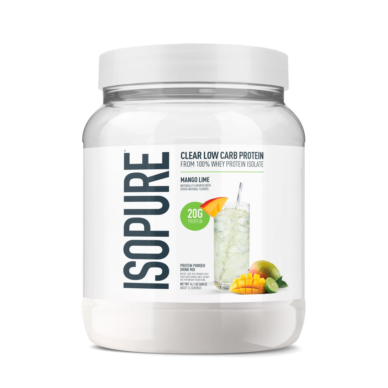 Isopure Clear Whey Isolate Protein Powder Infusions, Lactose Free, Gluten Free, Naturally Flavored, Mango Lime, 20g Protein Per Serving, 14.1 Oz, 16 Servings