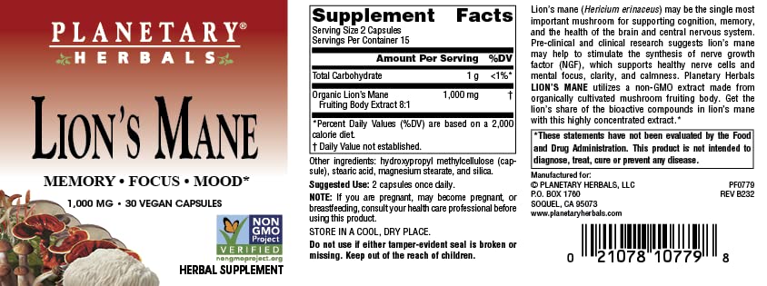 Planetary Herbals Lion's Mane, for Memory, Focus, and Mood*, 1,000 mg - 30 Vegan Capsules