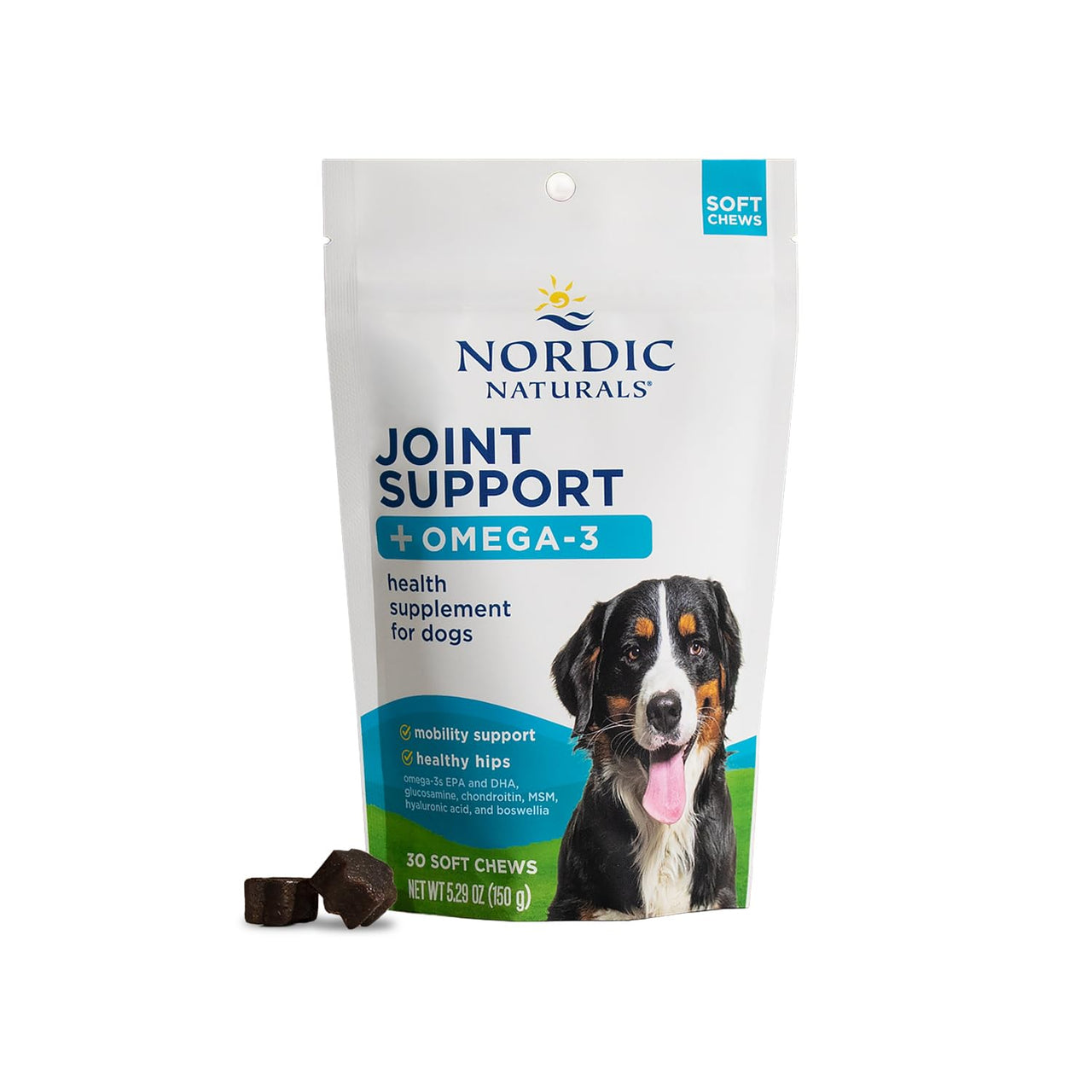 Nordic Naturals Pet Joint Support + Omega 3 Soft Chews for Dogs, Pork Bone Broth Flavored - Promotes Mobility, Hip and Joint Support with Omega-3 Fish Oil, MSM, EPA & DHA - 30 Non-GMO Chews