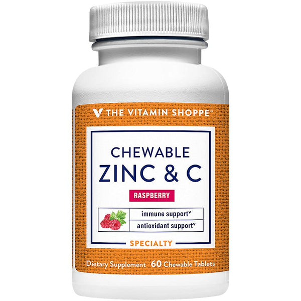 The Vitamin Shoppe Chewable Zinc with Vitamin C - Immune Defense | Raspberry Flavor | 60 Chewable | Great Taste