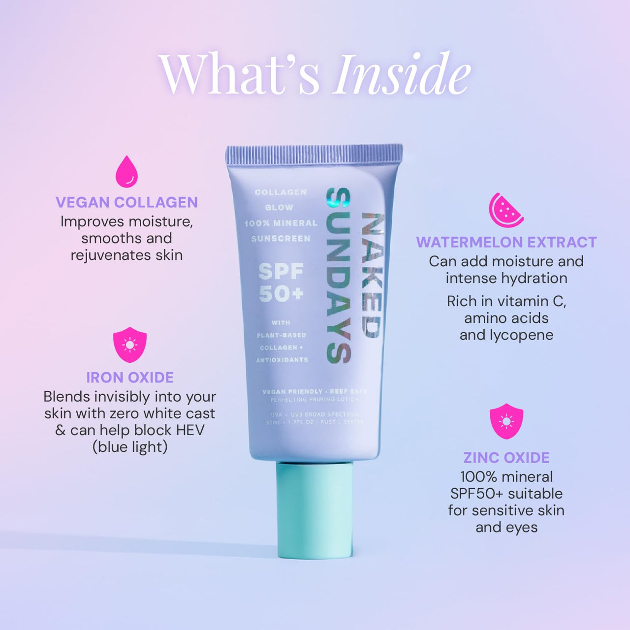 Naked Sundays SPF 50+ Daily Facial Moisturizer, All-in-one 100% Mineral Sunscreen, Face Lotion, Makeup Primer with Vegan Collagen with Broad Spectrum + Zinc Oxide, 50ml