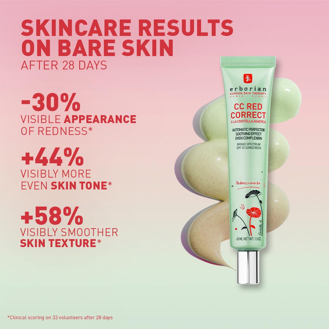 Erborian CC Red Correct - Skincare-First Green Color Corrector with Centella Asiatica, Illuminating Color Corrector with Redness Coverage & SPF 25 - Cica, Korean Skincare, 1.5 Oz