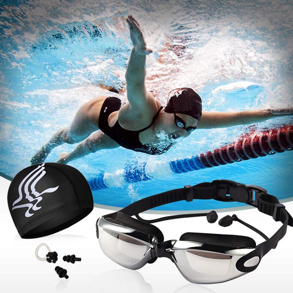 Aokelily Swim Goggles and Cap Set 4 in 1, UV 400 Protection Lenses Clear Anti-Fog Swimming Goggles Waterproof No Leaking with Nose Clip + Ear Plugs for Adult Men Women Kids (Black)