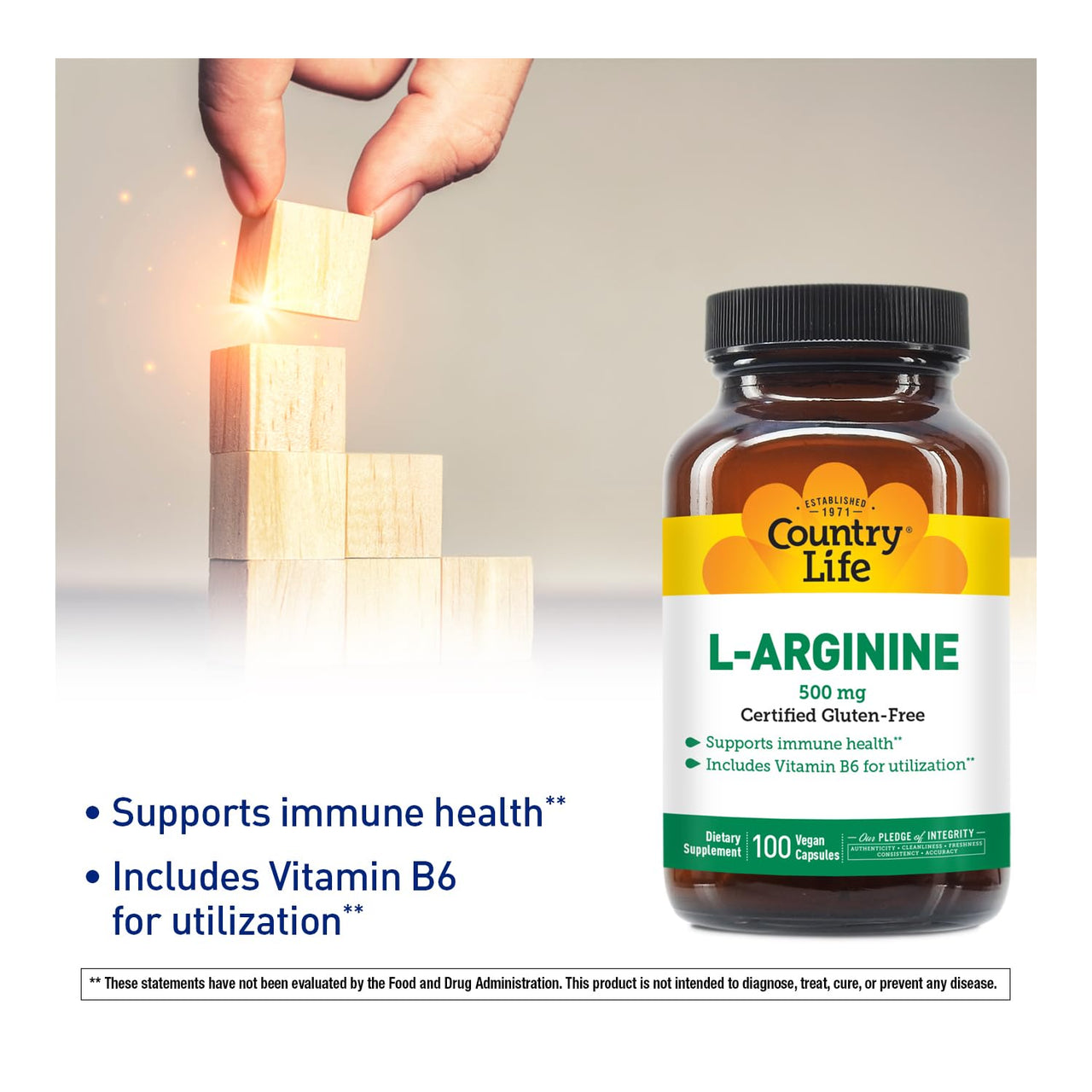 Country Life L-Arginine Caps with Vitamin B-6, 500mg, 100 Vegan Capsules, Certified Gluten Free, Certified Vegan