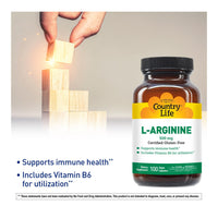 Thumbnail for Country Life L-Arginine Caps with Vitamin B-6, 500mg, 100 Vegan Capsules, Certified Gluten Free, Certified Vegan