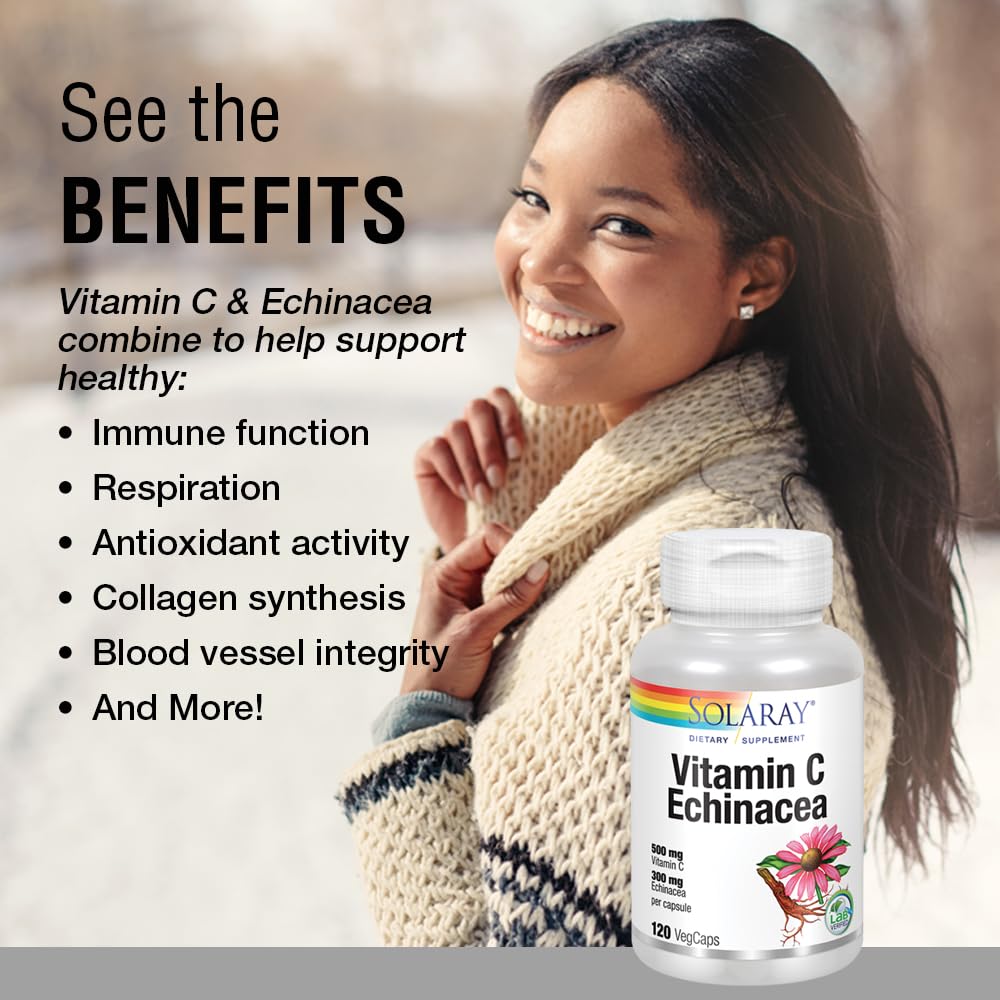 SOLARAY Vitamin C & Echinacea Root Supplement - Healthy Immune System Support for Women & Men, 500 mg Vitamin C & 300 mg Echinacea Per Capsule, Non-GMO, Vegan - 120 Count Veg Caps