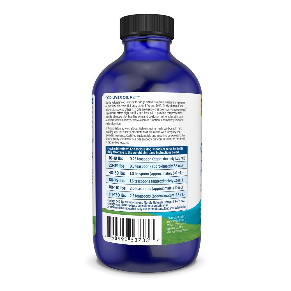 Nordic Naturals Pet Cod Liver Oil, Unflavored - 8 oz - 1048 mg Omega-3 Per Teaspoon - Fish Oil for Dogs with EPA & DHA - Promotes Skin, Coat, & Immune Health