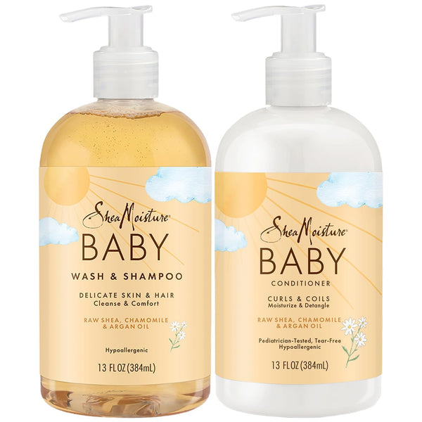SheaMoisture Baby Essentials, Body Wash & Shampoo + Curls & Coils Conditioner, Detangler with Raw Shea, Chamomile & Argan Oil, Pediatrician-Tested, Hypoallergenic, Tear-Free, 13 Oz Ea