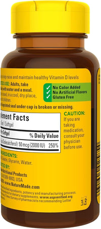 Thumbnail for Nature Made Vitamin D3, 90 Softgels, Vitamin D 2000 IU (50 mcg) Helps Support Immune Health, Strong Bones and Teeth, & Muscle Function, 250% of The Daily Value for Vitamin D in One Daily Softgel