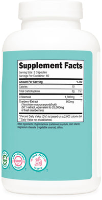 Thumbnail for Nutricost D-Mannose 1300mg with Cranberry Extract for Women 25,000mg Equivalent from 500mg of 50:1 Extract Per Serving, 180 Capsules for 60 Servings Per Bottle - Vegan, GMO Free and Gluten Free