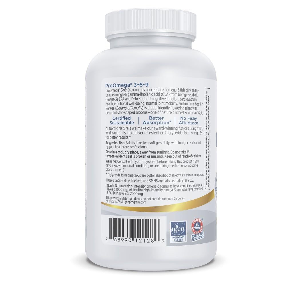 Nordic Naturals ProOmega 3-6-9, Lemon Flavor - 120 Soft Gels -1360 mg Omega-3 - EPA & DHA with Added GLA - Healthy Skin, Cognition, Positive Mood - Non-GMO - 60 Servings