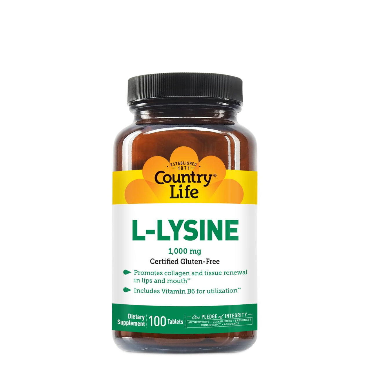 Country Life L-Lysine 1000mg with B-6, Supports Immune Health, Promotes Collagen Renewal in Lips and Mouth, 100-Count, Certified Gluten Free, Certified Vegan