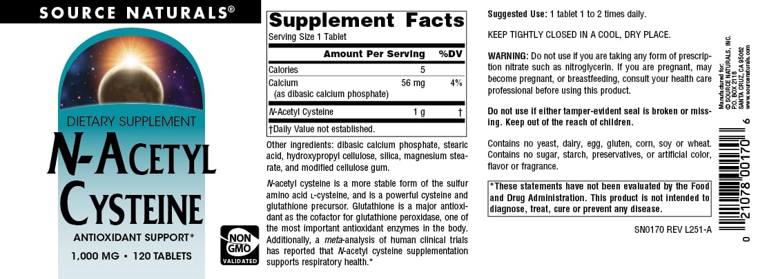 Source Naturals N-Acetyl Cysteine Antioxidant Support, Dietary Supplement that Supports Respiratory Health* - 1000 mg -120 Tablets