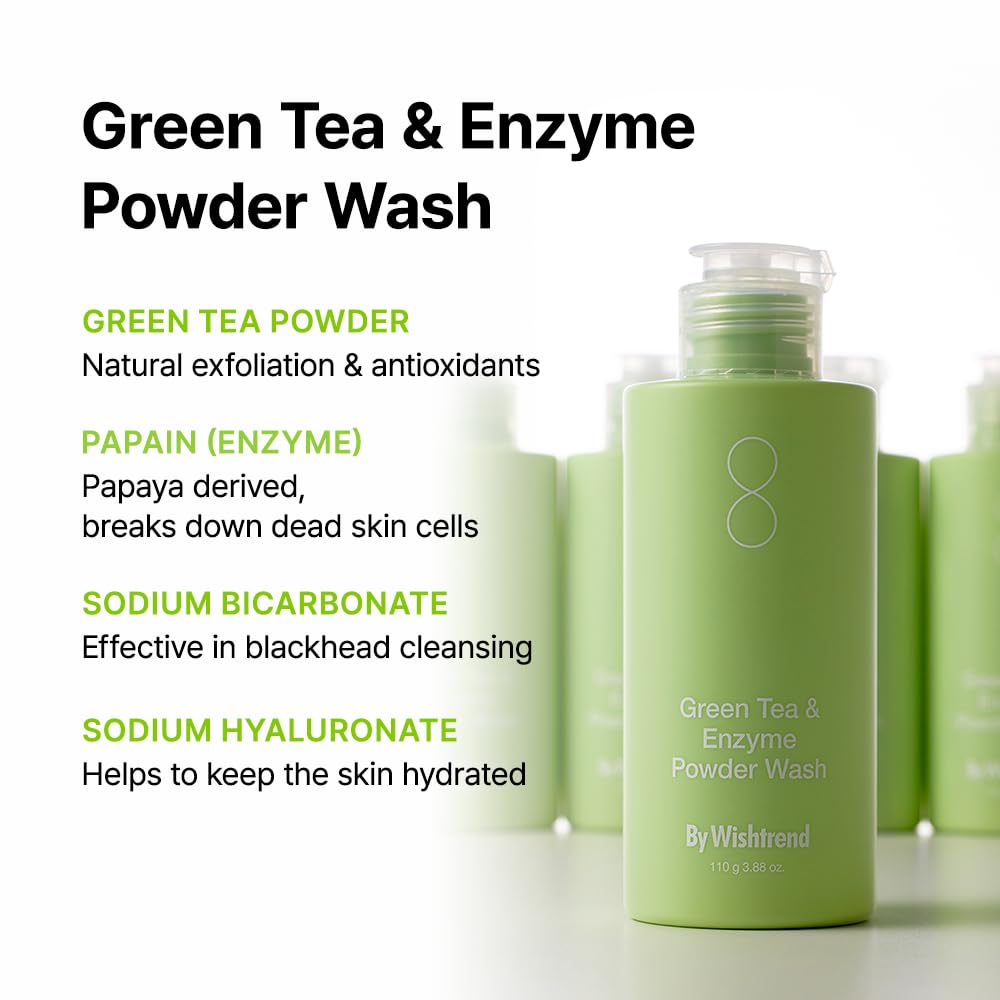 BY WISHTREND Green Tea & Enzyme Powder Face Wash, All-in-one, Hydrating daily facial cleanser and Gentle exfoliator for pores and blackheads (3.88 Ounce (Pack of 1))