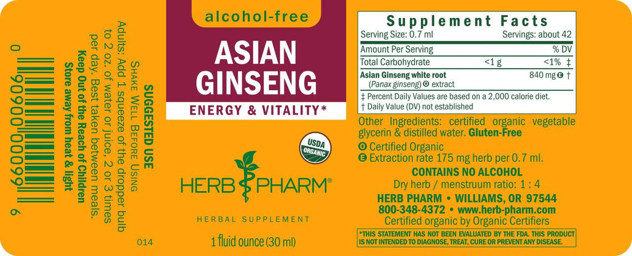 Herb Pharm Asian (Panax) Ginseng Liquid Glycerite for Energy and Stamina, Alcohol-Free Glycerite, 1 Oz