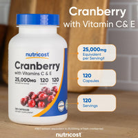 Thumbnail for Nutricost Cranberry Extract 25,000mg Equivalent from 500mg of 50:1 Extract Per Serving, 120 Capsules for 120 Servings Per Bottle - with 45 mg of Vitamin C & 5 mg of Vitamin E