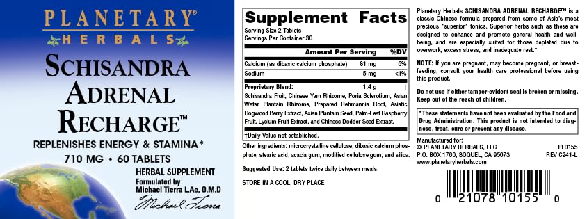 Planetary Herbals Schisandra Adrenal Complex 710mg with Yam Rhizome, Poria Sclerotium & More - 60 Tablets
