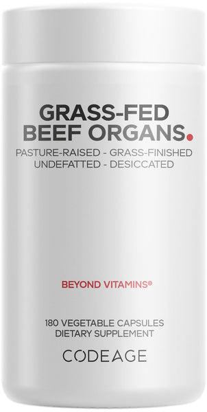 Codeage Grass Fed Beef Organs Supplement – Glandulars Supplements - Freeze Dried, Non-Defatted, Desiccated Liver, Heart, Kidney, Pancreas & Spleen Bovine Pills – Beef Vitamins - Non-GMO -180 Capsules