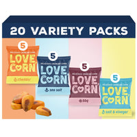 Thumbnail for LOVE CORN Family Favorite Sea Salt, BBQ, Salt & Vinegar, Cheddar | Delicious Crunchy Corn Snacks | .07oz x 20 Gluten Free, Vegan Bags | Convenient for Lunch Boxes, Commuting & Office Snacks