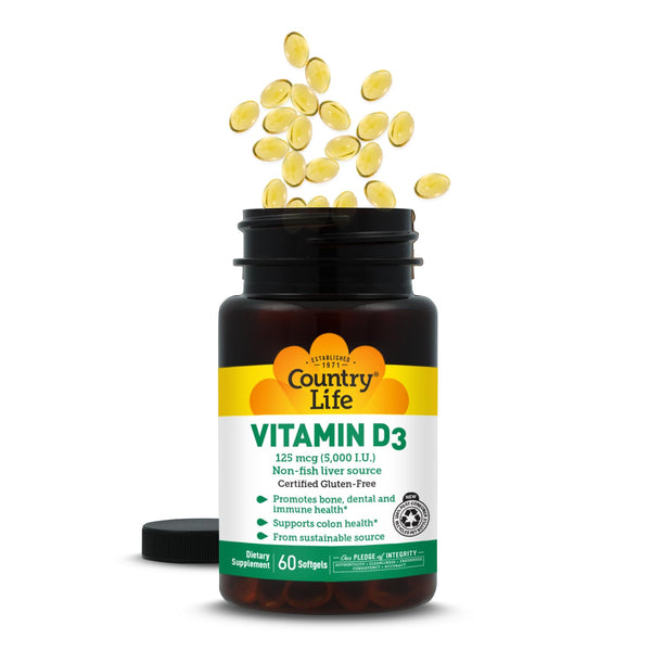 Country Life, Vitamin D3 5000 IU, Supports Healthy Bones, Teeth and Immune System, Daily Supplement, 60 ct