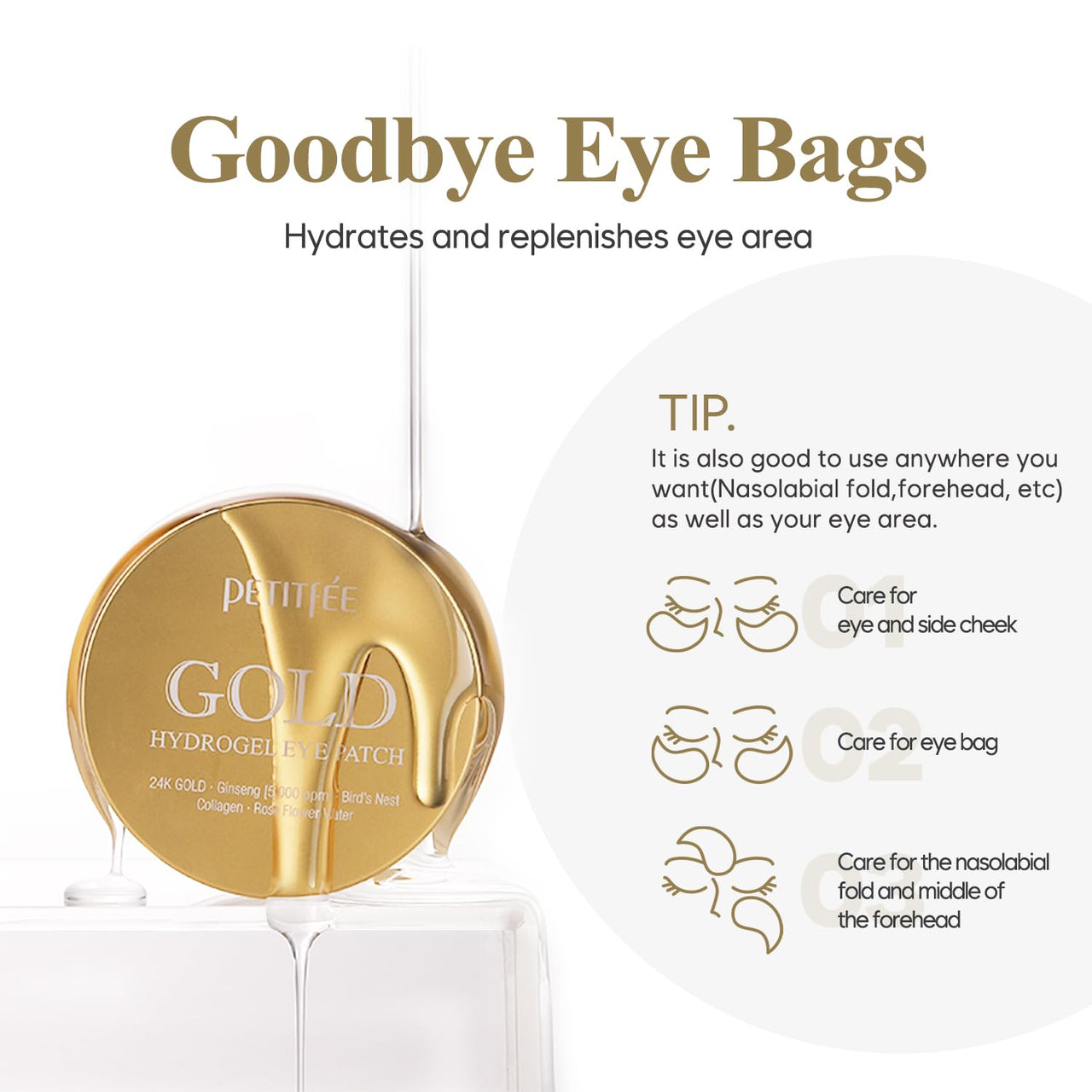 Petitfee Gold Hydrogel Eye Patch 60ea (30pairs) - 24k Gold Eye Mask for Moisturizing, Glowy Skin, Hydrating, Skin Elasticity, Youthful Complexion, Ginseng, Collagen