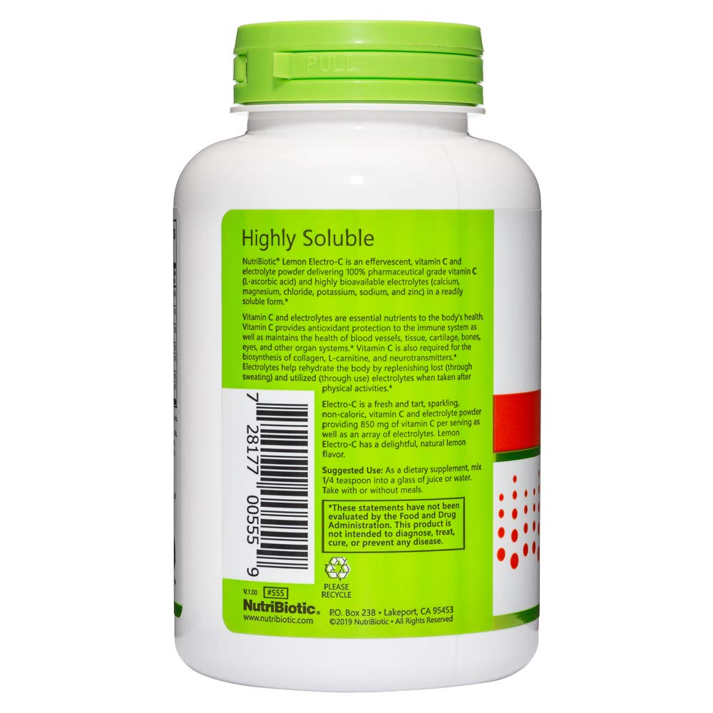 NutriBiotic - Lemon Electro-C,Vitamin C & Electrolyte Powder, 8 Oz | 850 Mg Vitamin C Per Serving | Effervescent Electrolyte Recharge | Buffered & Highly Soluble | Free of Calories, Gluten & Non-GMO