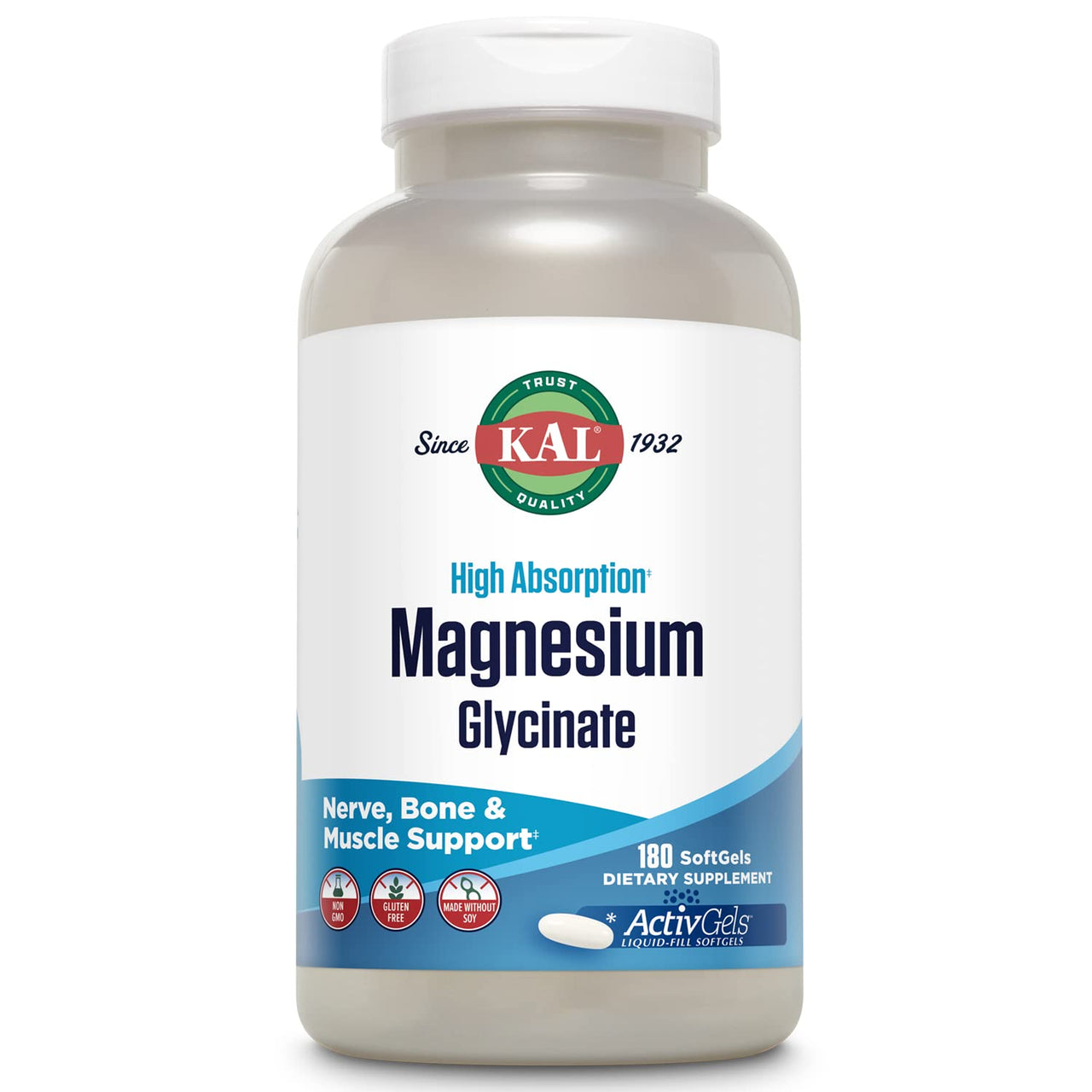 KAL Magnesium Glycinate ActivGels 315mg, Fully Chelated, High Absorption Magnesium Supplement for Relaxation, Muscle & Bone Support, Non-GMO, Gluten Free, 60 Servings, 180 Softgels