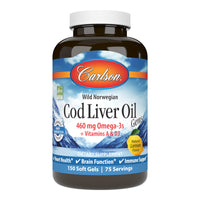 Thumbnail for Carlson - Cod Liver Oil Gems, 460 mg Omega-3s, Plus Vitamins A and D3, Wild Caught Norwegian Arctic Cod Liver Oil, Sustainably Sourced Nordic Fish Oil Capsules, Lemon, 150 Softgels