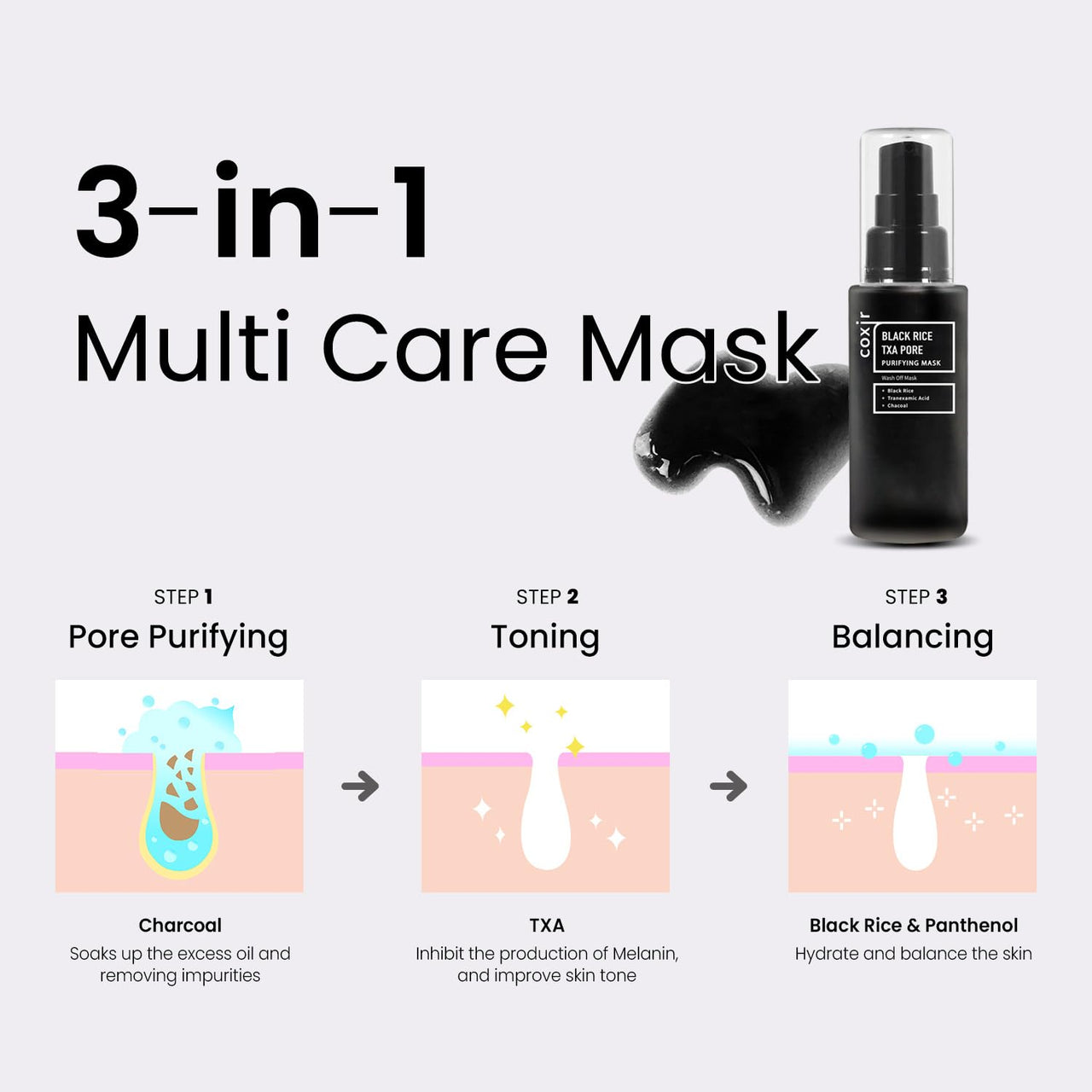 coxir BLACK RICE TXA PORE PURIFYING MASK l Tranexamic Acid, 3-in-1 Detox Serum Mask l Pore, Cleansing, Toning l Hydrating Wash Off Mask for Blackhead, Korean Skin Care[50ml/1.69 fl.oz]