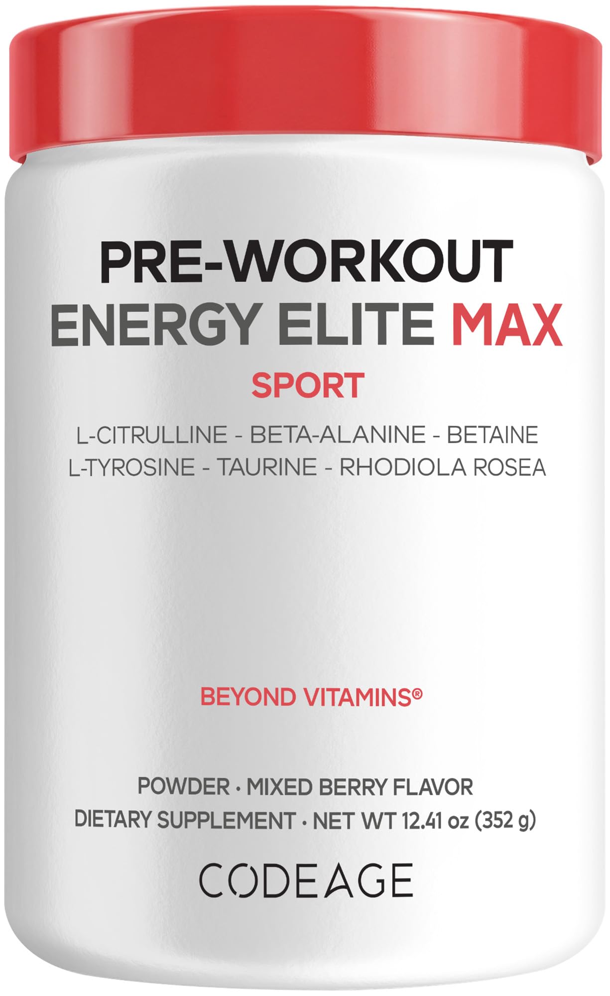 Codeage Pre-Workout Energy Elite Max - L-Citrulline, Beta-Alanine, Betaine, L-Tyrosine, Taurine, Rhodiola Rosea - Performance & Energy Workout Powder Supplement - Mixed Berry Flavor - 12.41 oz
