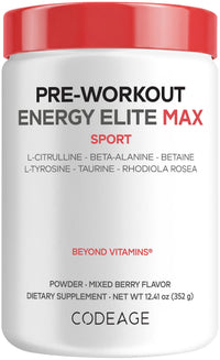 Thumbnail for Codeage Pre-Workout Energy Elite Max - L-Citrulline, Beta-Alanine, Betaine, L-Tyrosine, Taurine, Rhodiola Rosea - Performance & Energy Workout Powder Supplement - Mixed Berry Flavor - 12.41 oz
