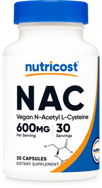 Thumbnail for Nutricost N-Acetyl L-Cysteine (NAC) 600mg, 30 Vegan Capsules - GMO Free, Gluten Free, Vegetarian Caps