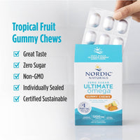 Thumbnail for Nordic Naturals Zero Sugar Ultimate Omega Gummy Chews - Tropical Fruit - 54 Gummy Chews - Non GMO - Optimal Wellness - 27 Servings
