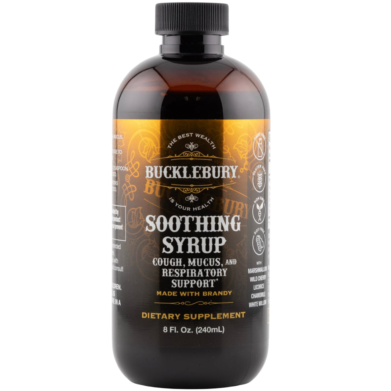 BUCKLEBURY Cough Syrup for Adults & Kids â€“ Premium Soothing Herbal Supplement with Wild Cherry Bark & Marshmallow Root â€“ Natural Cough Syrup for Sinus, Bronchi, Throat, and Respiratory Support â€“ 8 oz