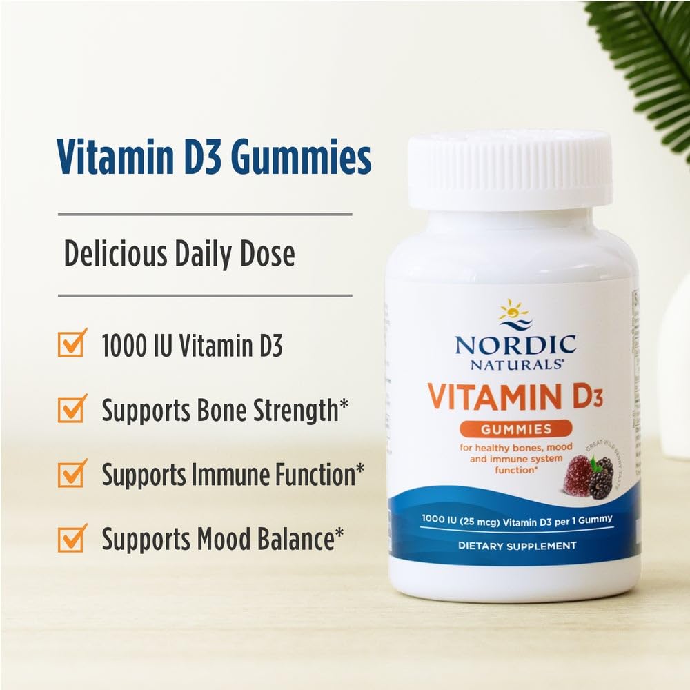 Nordic Naturals Vitamin D3 Gummies, Wild Berry - 120 Gummies - 1000 IU Vitamin D3, 1.4 mg Iron - Great Taste - Healthy Bones, Mood & Immune System Function - Non-GMO - 120 Servings
