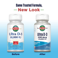 Thumbnail for KAL Ultra Vitamin D3 10000 IU 250 mcg, High Potency Vitamin D Tablets, Calcium Absorption, Bone Health and Immune Support Supplement, Rapid Disintegration D-3 ActivTabs, 120 Servings, 120 Tablets