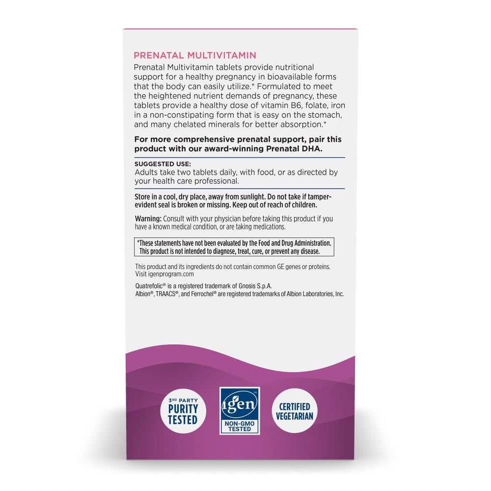 Nordic Naturals Prenatal Multivitamin for Women - Daily Vegetarian Prenatal Vitamins - 22 Essential Nutrients, Including B6, Folate, and Iron - 60 Tablets - 30 Servings